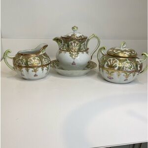Antique Hand Painted Moriage Nippon 4 Pc Set Small Teapot Cream Sugar with Lid